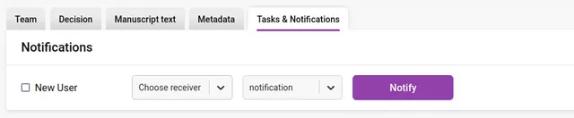 ‘Notifications’ section of the ‘Tasks & Notifications’ tab, with an unticked ‘New User’ checkbox followed by a ‘Choose receiver’ dropdown, a notification-type dropdown and a ‘Notify’ button.