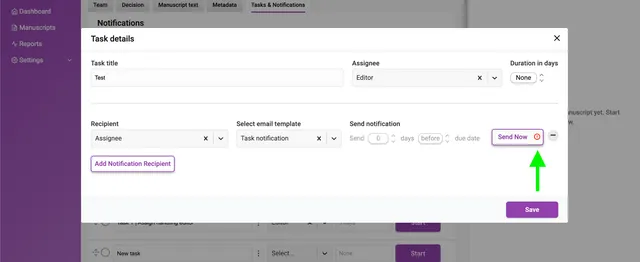 ‘Task details’ overlay on the ‘Tasks & Notifications’ tab with recipient ‘Assignee’ and template ‘Task notification’; an arrow highlights a red warning icon on the ‘Send Now’ button indicating a configuration error.