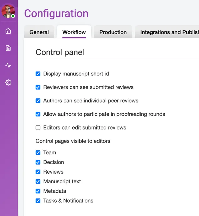 Configuration ‘Workflow’ tab showing the ‘Control panel’ group: ticked checkboxes for ‘Display manuscript short id’, ‘Reviewers can see submitted reviews’, ‘Authors can see individual peer reviews’ and ‘Allow authors to participate in proofreading rounds’, then ‘Control pages visible to editors’ with Team, Decision, Reviews, Manuscript text, Metadata and ‘Tasks & Notifications’ all ticked.