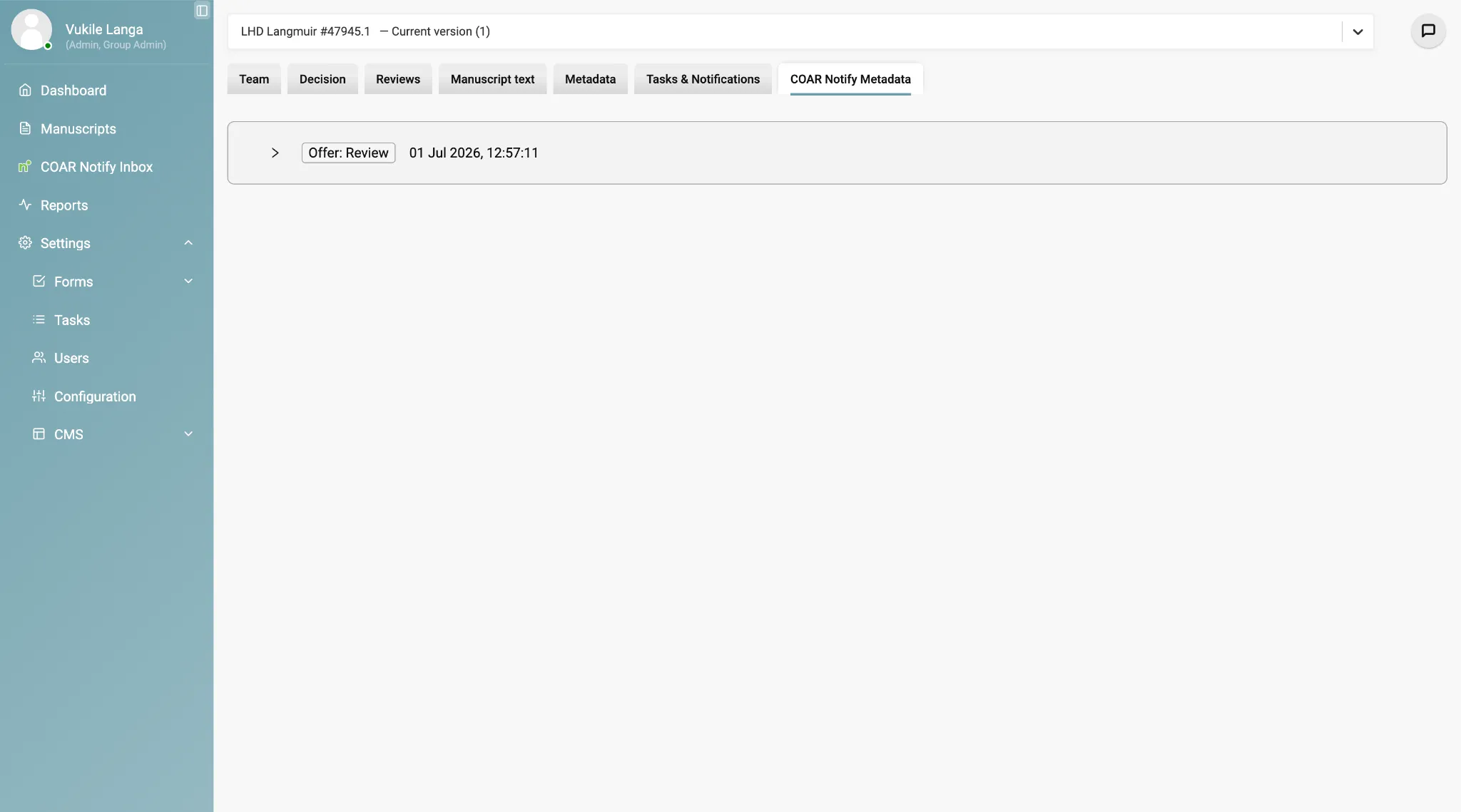 A manuscript record in Kotahi with the “COAR Notify Metadata” tab selected, alongside Team, Decision, Reviews, Manuscript text, Metadata and Tasks & Notifications tabs. The panel lists a single “Offer: Review” event with its timestamp.