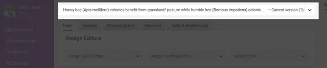 Top of the Control page with the version dropdown highlighted, showing the truncated manuscript title followed by ‘Current version (1)’, above the Team, Decision, Manuscript text, Metadata and ‘Tasks & Notifications’ tabs.